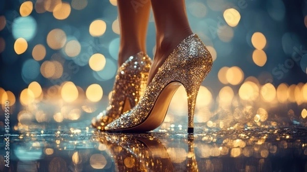 Fototapeta Glistening footsteps: a dance of gold and light in shimmering high heels