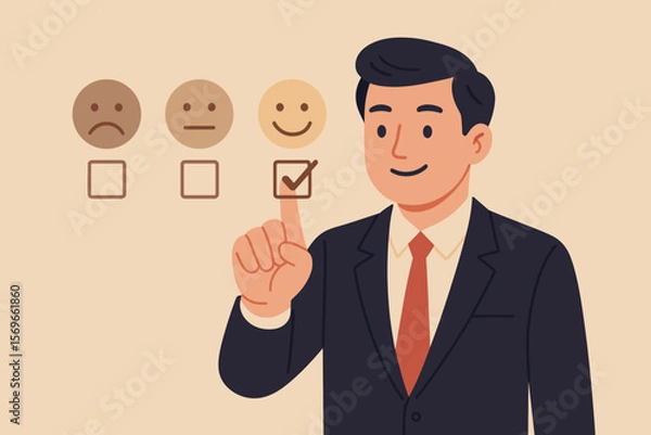 Fototapeta Customer Satisfaction Feedback Concept. Businessman in Suit Touches Virtual Screen, Selects Happy Smiley Face Icon, Service Rating, Positive Review, Client Experience, Survey, Evaluation