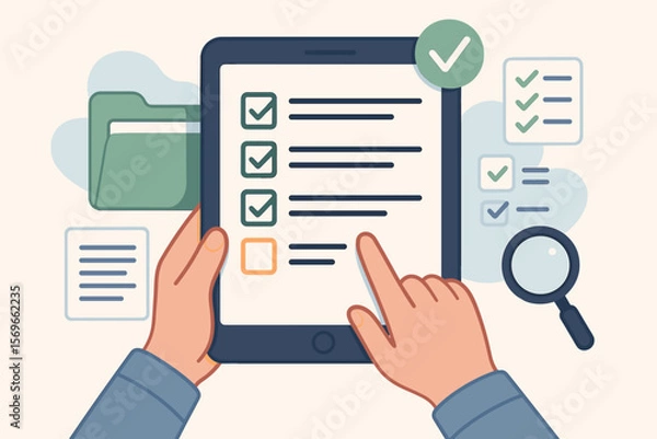 Fototapeta Online survey and digital form checklist on tablet computer. Document Management System for checking and managing files. Online documentation database and business process concept.