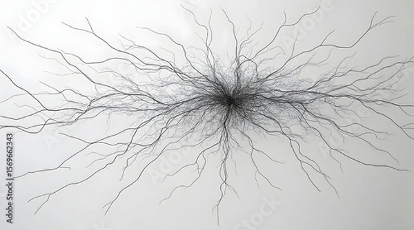 Fototapeta Abstract neural network sculpture made from thin black wire strands spreading outward, creating dynamic and intricate design with organic flow