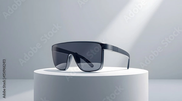 Fototapeta Ai powered smart glasses on minimalist pedestal with sleek black frame and dark lenses under soft spotlight