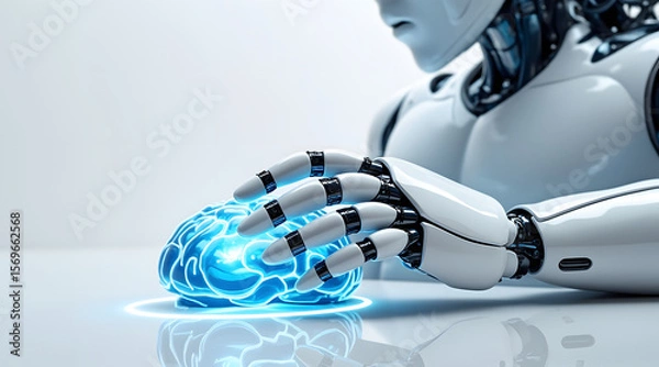 Fototapeta White humanoid robot gently touching glowing blue brain symbolizing artificial intelligence and futuristic technology innovation