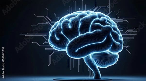 Fototapeta Glowing brain shaped sculpture made from cables and circuit lines on dark background, symbolizing technology and intelligence