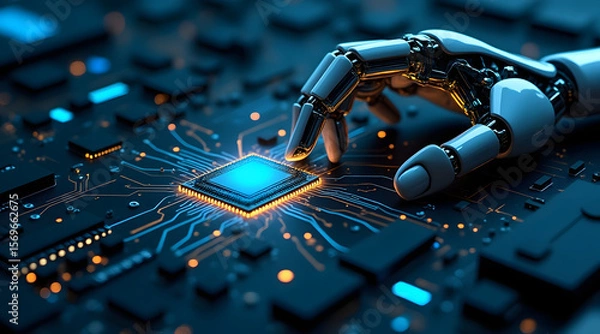 Fototapeta Robotic hand touching glowing microchip on circuit board, symbolizing advanced technology and futuristic innovation in electronics