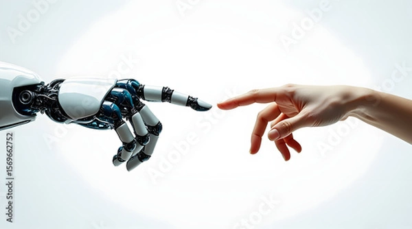 Fototapeta Robot hand and human hand reaching to touch fingertips, symbolizing connection between technology and humanity in bright setting