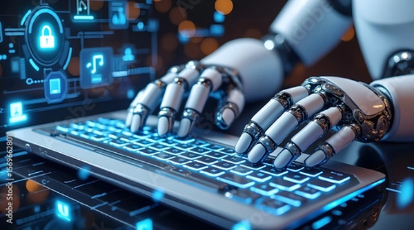 Fototapeta Robot hand typing on illuminated keyboard with digital security icons and music symbols floating, futuristic technology concept