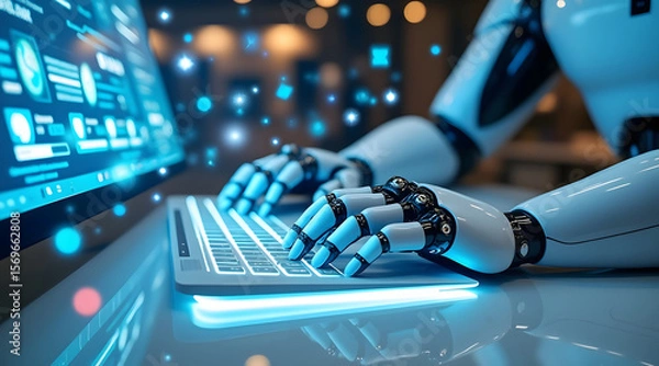 Fototapeta Robot typing on transparent keyboard with futuristic digital interface and glowing blue light, showcasing advanced technology and innovation