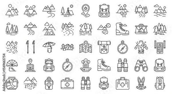 Fototapeta Line art showcases camping equipment with mountains, tents, and backpacks on a transparent background