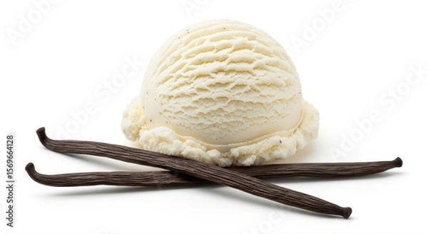 Obraz Creamy vanilla ice cream scoop resting atop two fragrant brown vanilla beans looks delectable