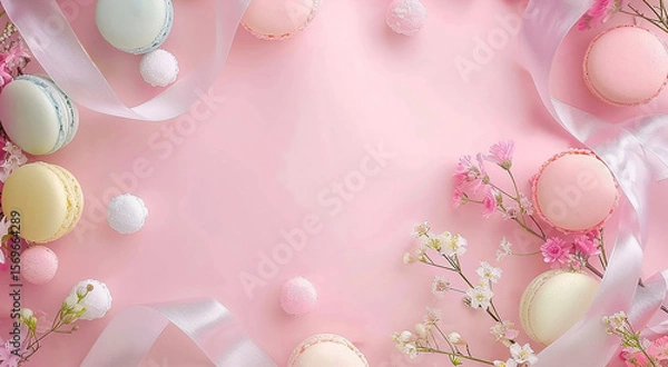 Fototapeta Round sweet multicolored almond macarons on a pink background with spring flowers
