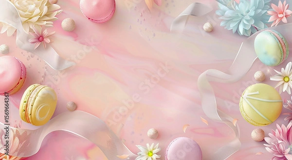 Fototapeta Round sweet multicolored almond macarons on a pink background with spring flowers