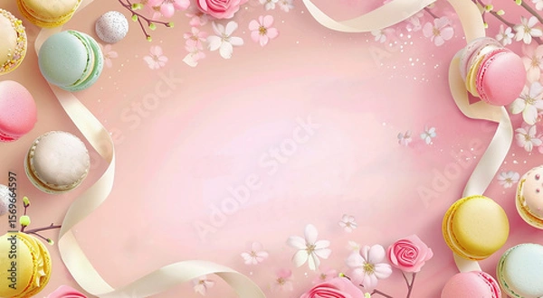 Fototapeta Round sweet multicolored almond macarons on a pink background with spring flowers