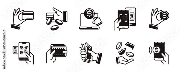 Fototapeta business online money cashless transfer icon line set digital wallet mobile purchase qr code payment business secure pay bill service signs outline vector illustration