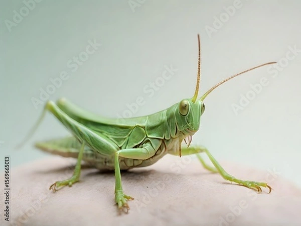 Fototapeta Close-up of a Vibrant Green Grasshopper on a Light Beige Surface
