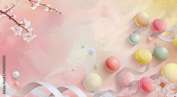 Fototapeta Round sweet multicolored almond macarons on a pink background with spring flowers