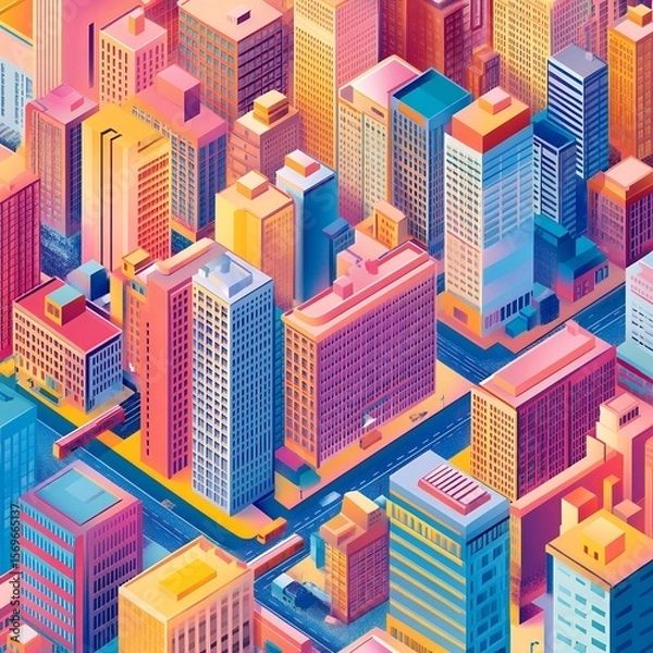 Obraz Isometric view of a colorful cityscape with tall buildings and streets filled with cars and trains