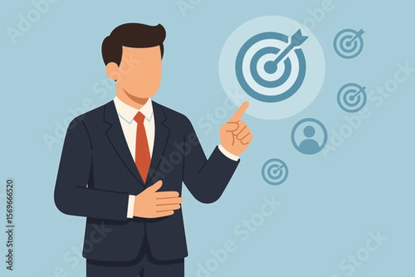 Obraz Businessman pointing at a virtual target icon. Business objective and strategic planning concept. Metaphor for goal setting, growth, mission, customer targeting, and success.