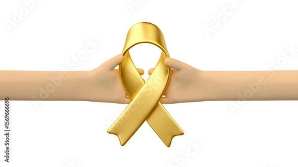 Fototapeta 3D Hand Holding Golden Awareness Ribbon in 3D Render with transparent background