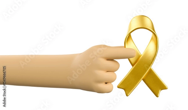 Fototapeta 3D Hand Holding Golden Awareness Ribbon in 3D Render with transparent background
