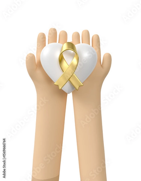 Fototapeta 3D Hands Lifting Heart with Golden Ribbon in 3D Render with transparent background