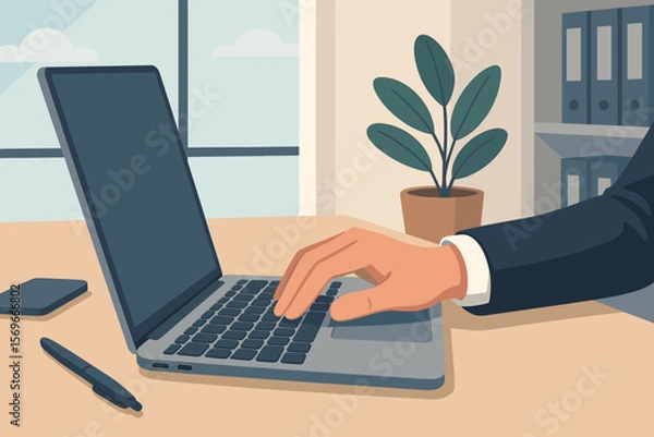 Obraz Businessman hand typing on laptop keyboard at the office desk. Modern flat vector illustration of a corporate employee working on a computer. Business workplace concept.