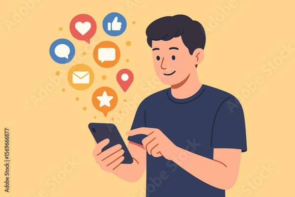 Fototapeta Man using smartphone for social media network. Digital communication concept with notification icons like love, comment, message, email, location. Online engagement vector.