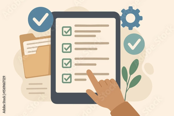 Fototapeta Digital checklist and online survey form on tablet, document management system, process automation, file organization, workflow optimization, modern flat illustration