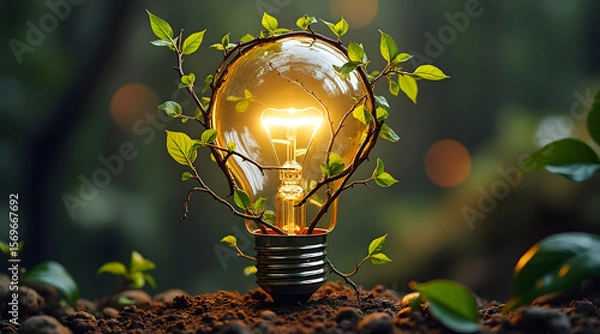 Fototapeta Glowing light bulb wrapped with green vine growing from soil symbolizing eco energy and sustainable innovation in nature