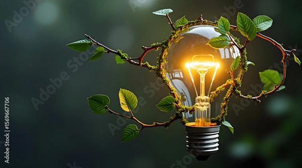 Fototapeta Glowing light bulb wrapped with green vine and leaves, symbolizing eco friendly energy and nature inspired innovation in dark blurred background