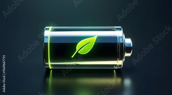 Fototapeta Eco friendly battery with glowing green leaf symbol representing sustainable energy and environmental consciousness concept