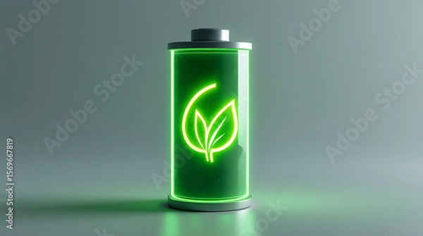 Fototapeta Eco battery with glowing green leaf symbol representing sustainable energy and environmental friendliness in modern design