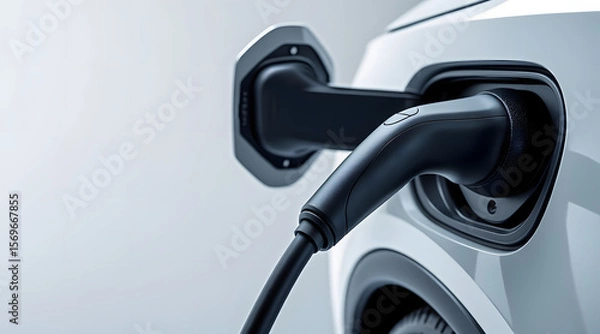 Fototapeta Electric car charging plug connected to white vehicle, showing modern technology and eco friendly transportation with sleek design and smooth