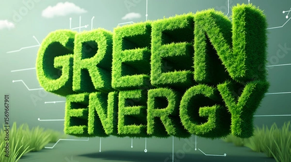 Fototapeta Green energy text made of grass with digital circuit background symbolizing sustainable power and eco friendly technology concept