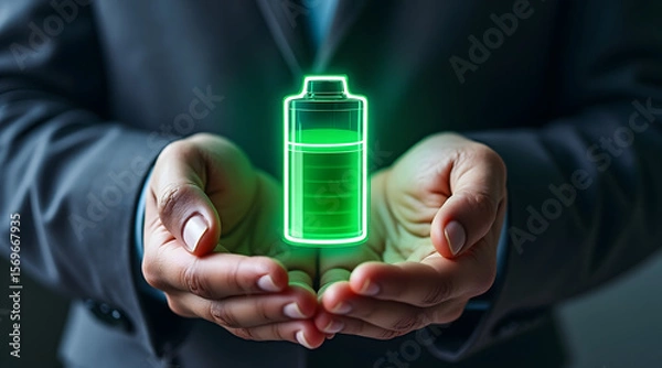 Fototapeta Green glowing battery icon symbol cradled by hands showing energy and power concept in business suit
