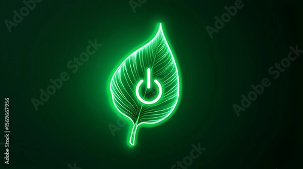 Fototapeta Leaf shaped power switch glowing green symbol on dark background, representing eco friendly energy concept with bright neon light effect