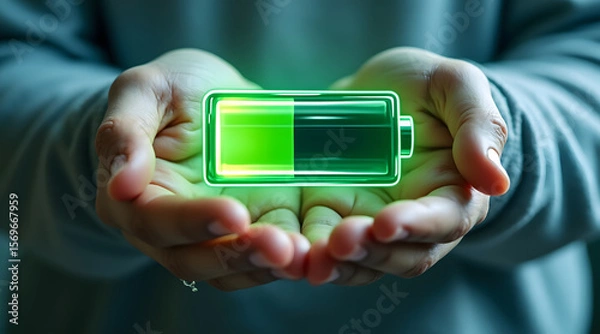 Fototapeta Hands cradling glowing green battery icon symbolizing energy, power, and sustainability with futuristic digital effect in dark background