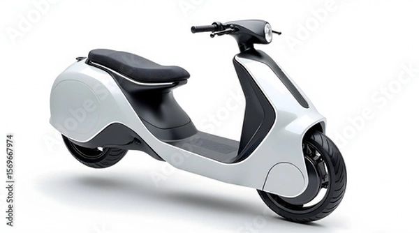 Fototapeta Modern electric scooter with sleek white body and black seat, designed for urban commuting with futuristic and stylish look