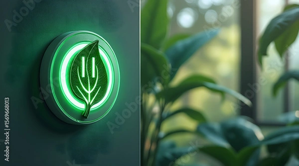 Fototapeta Leaf shaped power switch glowing green on wall with blurred plants and window background, symbolizing eco friendly energy concept