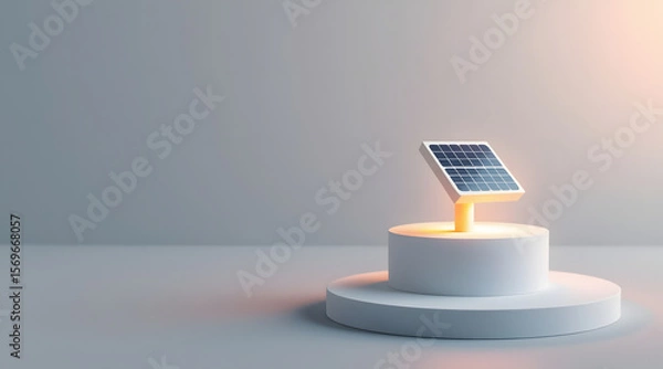 Fototapeta Solar panel mini model on white pedestal with glowing light, clean background, energy concept, modern design, sustainable power
