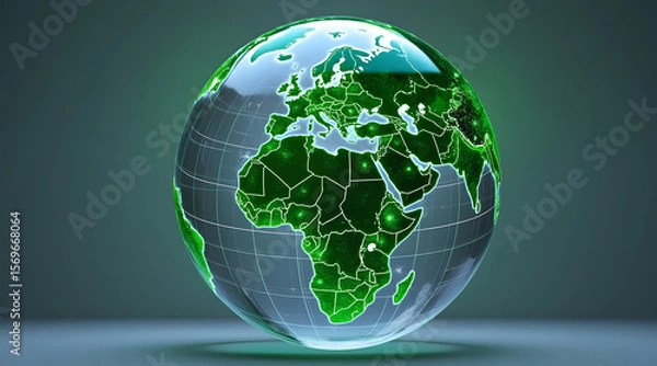 Fototapeta Transparent globe with green illuminated continents and country borders showing Europe, Africa, and Asia in futuristic style