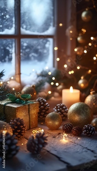 Fototapeta Tradition home decoration for Christmas. Wrapped gifts, pine cones and a flickering candle on wooden table beside a frosted window in warm golden light with bokeh, copy space