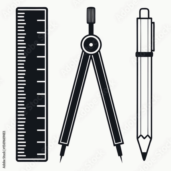 Fototapeta Ruler compass and pencil drawing tools isolated on white background