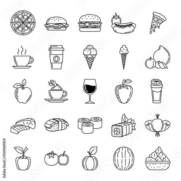 Fototapeta A collection of minimalist line art icons depicting various food and drink items, including pizza, burgers, coffee, ice cream, sushi, and fruit.
