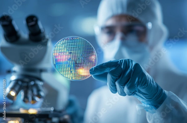 Fototapeta Scientist examining a semiconductor wafer in a laboratory setting