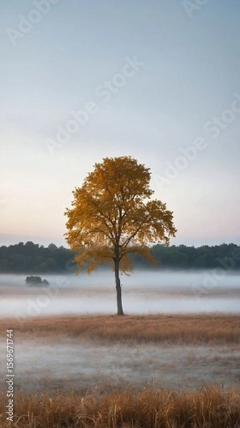 Fototapeta Solitary Golden Tree in Misty Field at Dawn