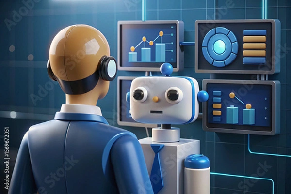 Fototapeta Businessman Consulting with AI Robot on Data Analytics Dashboard