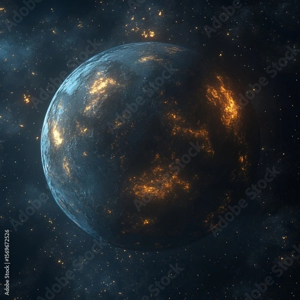 Fototapeta A dark planet with glowing orange lights in space surrounded by stars and cosmic dust clouds view