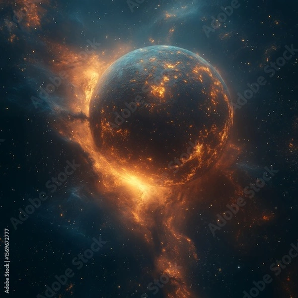 Fototapeta A cosmic sphere surrounded by fiery nebula and distant stars in a vast and dark space environment view
