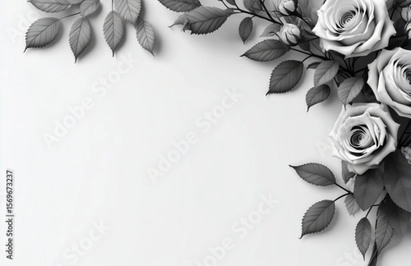 Obraz Elegant 3D rendered monochrome roses with leaves arranged in minimalist flat lay, top view composition on pure white background featuring deliberate right side white space.​