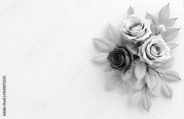 Obraz Elegant 3D rendered monochrome roses with leaves arranged in minimalist flat lay, top view composition on pure white background featuring deliberate right side white space.​